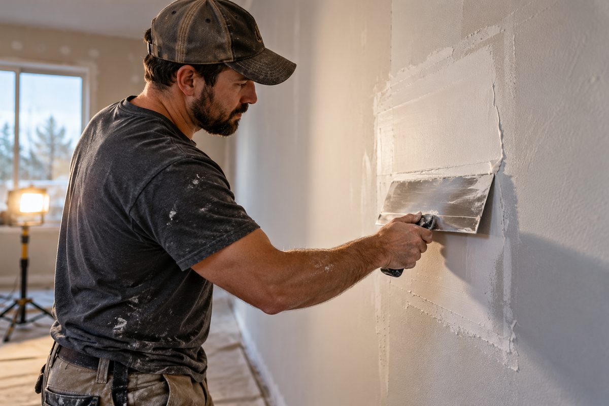 Tradesman smoothing joint compound over a flush drywall patch using a steel taping blade