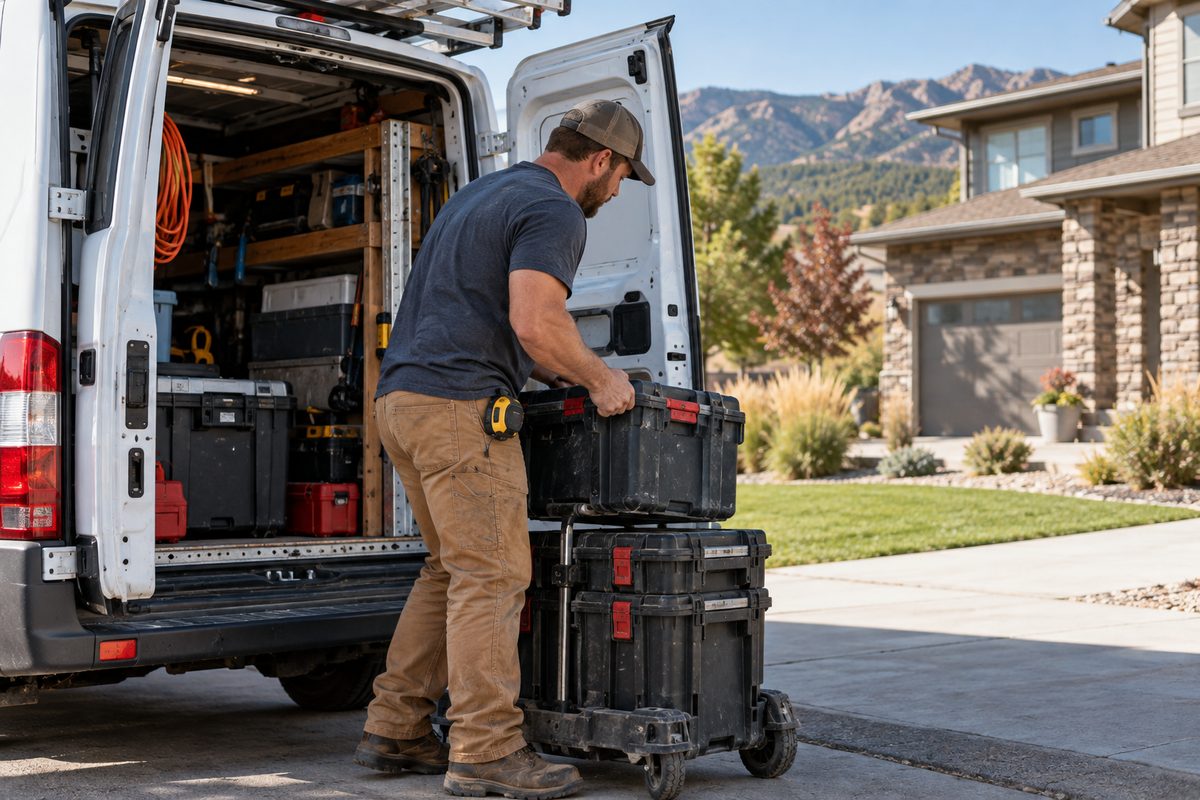Handyman unloading trade tools and fastener cases from service vehicle for a residential repair callout in Arvada