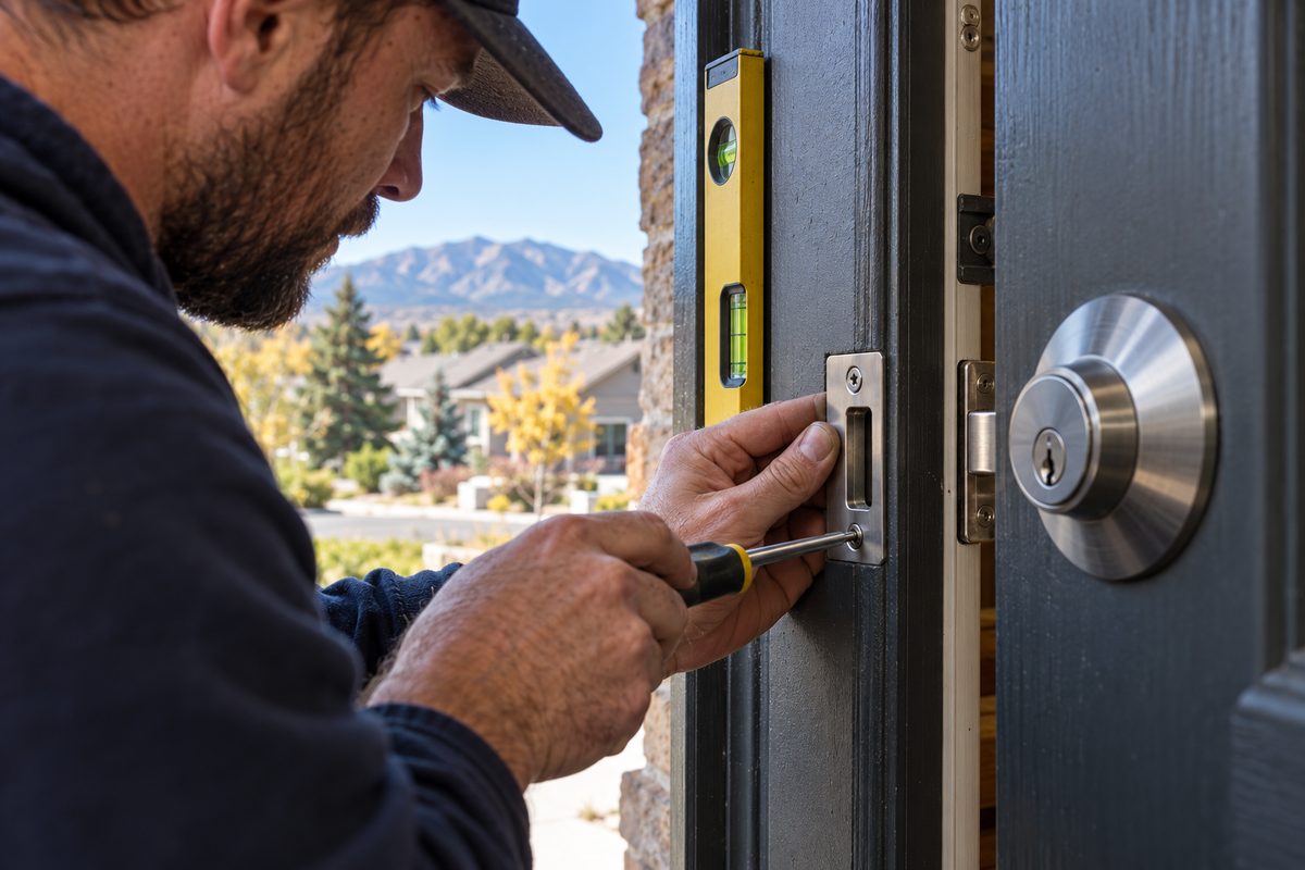 Installation and mechanical alignment of a heavy-duty deadbolt lock strike plate into solid timber framing