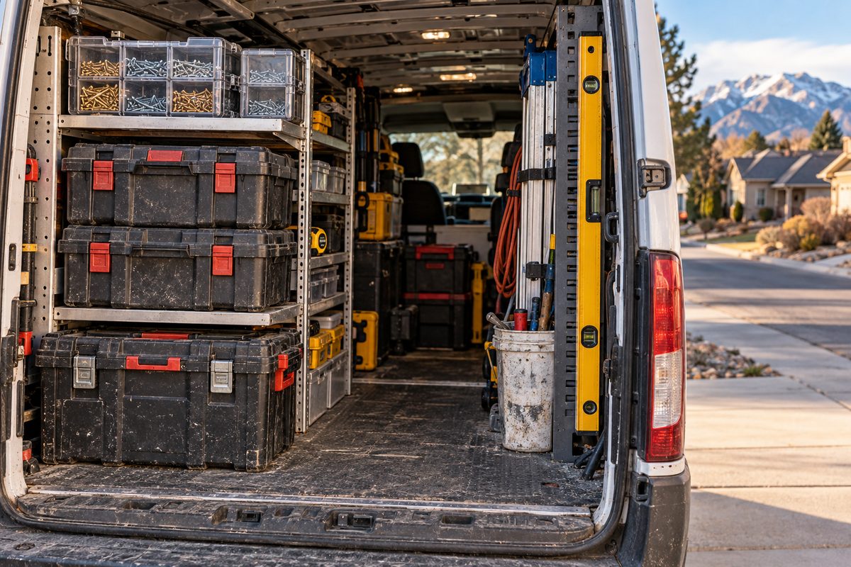 Contractor service van cargo staging showing organized tool systems, structural fasteners, and spirit levels